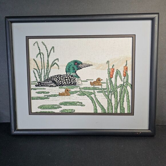 Pair Cross Stitch Loon Framed Artwork, Call of the North Country Matted 15x18.5